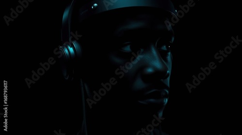 Man Listening Headphones Dark Studio.