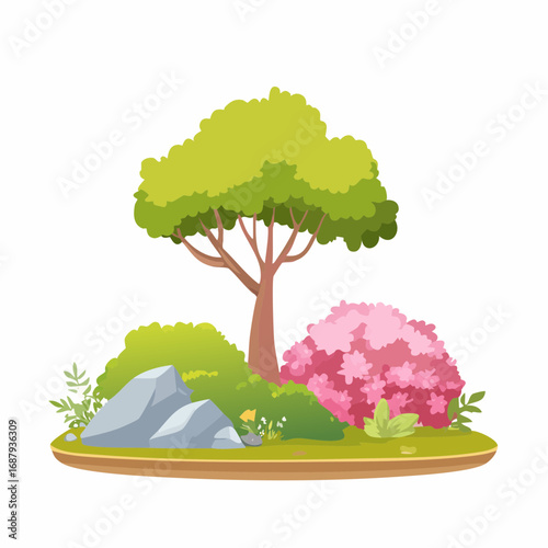 Shrub for section,moss with rock,stone, Vector watercolor blooming flower tree or forest side view isolated on white background for landscape and architecture drawing,elements for .
