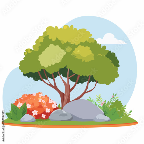 Shrub for section,moss with rock,stone, Vector watercolor blooming flower tree or forest side view isolated on white background for landscape and architecture drawing,elements for .