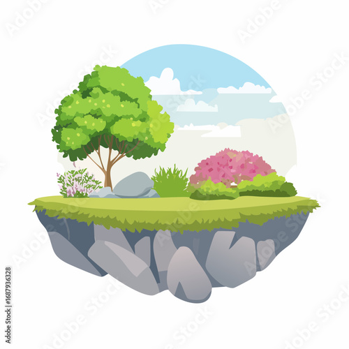 Shrub for section,moss with rock,stone, Vector watercolor blooming flower tree or forest side view isolated on white background for landscape and architecture drawing,elements for .