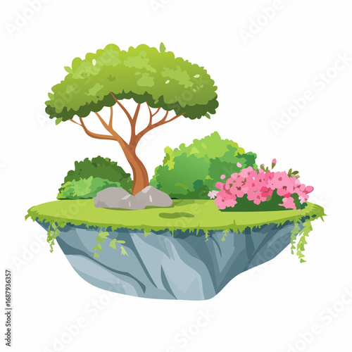 Shrub for section,moss with rock,stone, Vector watercolor blooming flower tree or forest side view isolated on white background for landscape and architecture drawing,elements for .