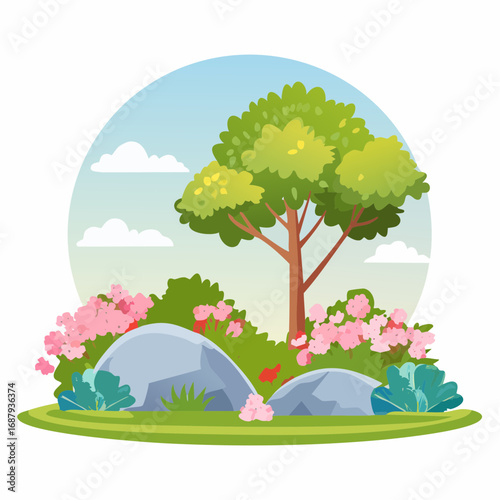 Shrub for section,moss with rock,stone, Vector watercolor blooming flower tree or forest side view isolated on white background for landscape and architecture drawing,elements for .