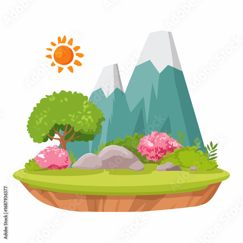Shrub for section,moss with rock,stone, Vector watercolor blooming flower tree or forest side view isolated on white background for landscape and architecture drawing,elements for .