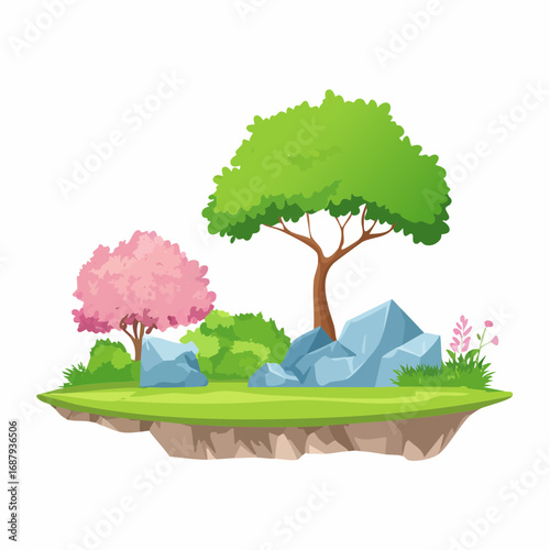 Shrub for section,moss with rock,stone, Vector watercolor blooming flower tree or forest side view isolated on white background for landscape and architecture drawing,elements for .