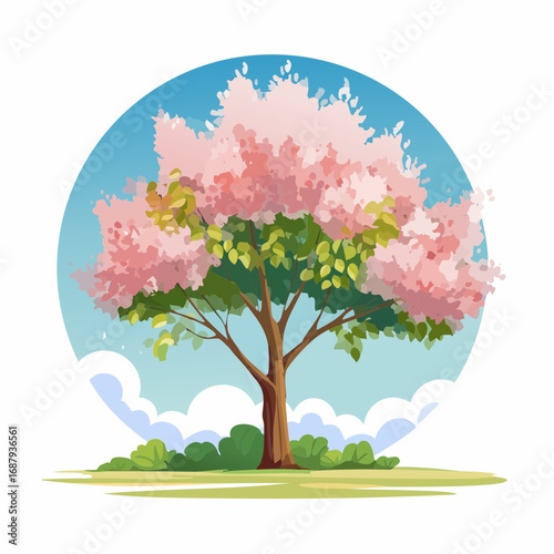Vector watercolor blooming flower tree or cherry blossom side view isolated on white background for landscape and architecture drawing,elements for environment and garden,Sakura tree for secti