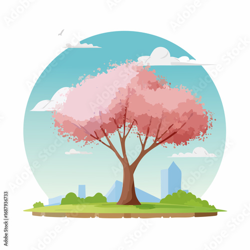 Vector watercolor blooming flower tree or cherry blossom side view isolated on white background for landscape and architecture drawing,elements for environment and garden,Sakura tree for secti