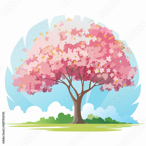 Vector watercolor blooming flower tree or cherry blossom side view isolated on white background for landscape and architecture drawing,elements for environment and garden,Sakura tree for secti