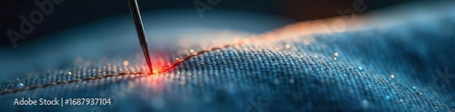 Close-up of a needle piercing through thick, textured fabric, symbolizing the overcoming of pain and discomfort , pain, relief, thread