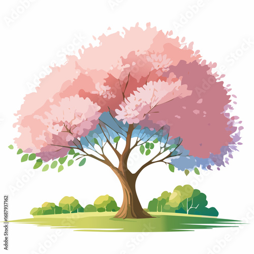 Vector watercolor blooming flower tree or cherry blossom side view isolated on white background for landscape and architecture drawing,elements for environment and garden,Sakura tree for secti