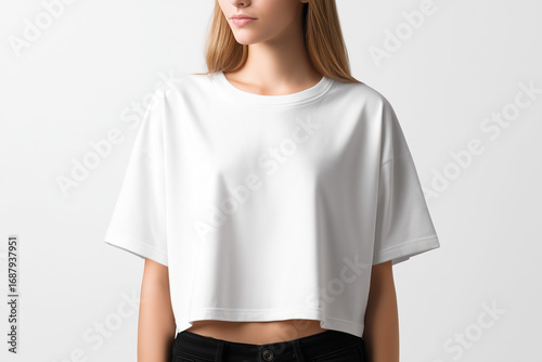 Minimal crop boxy white t-shirt mockup worn by young woman in studio