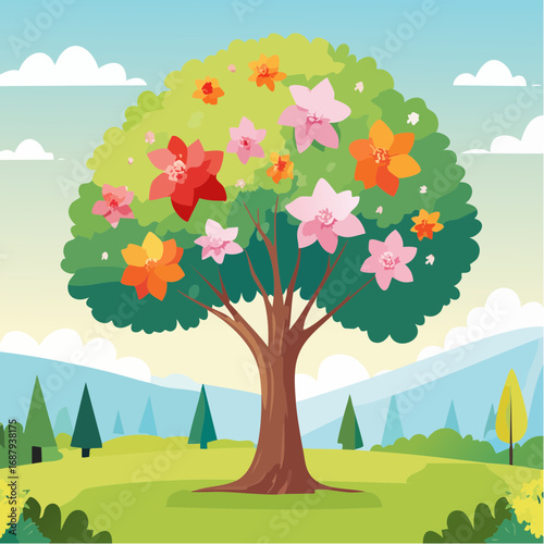 Vector watercolor blooming flower tree side view isolated for landscape and architecture drawing, elements for environment and garden,botanical elements for section in spri