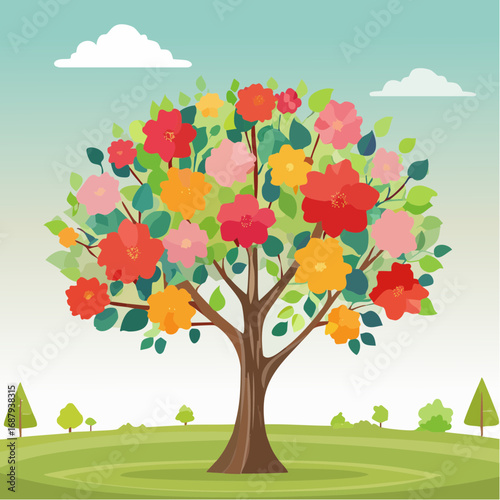 Vector watercolor blooming flower tree side view isolated for landscape and architecture drawing, elements for environment and garden,botanical elements for section in spri