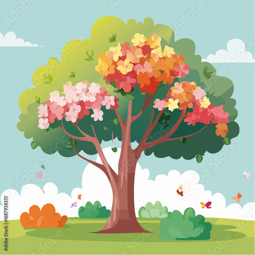 Vector watercolor blooming flower tree side view isolated for landscape and architecture drawing, elements for environment and garden,botanical elements for section in spri