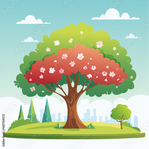 Vector watercolor blooming flower tree side view isolated for landscape and architecture drawing, elements for environment and garden,botanical elements for section in spri