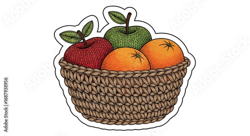 A woven basket overflowing with fresh, colorful apples and oranges, symbolizing abundance and healthy eating