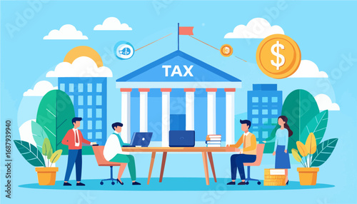 Vector illustration of government tax office with people paying taxes. Great for public administration, income tax, and finance themes.