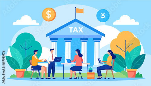 Vector illustration of government tax office with people paying taxes. Great for public administration, income tax, and finance themes.