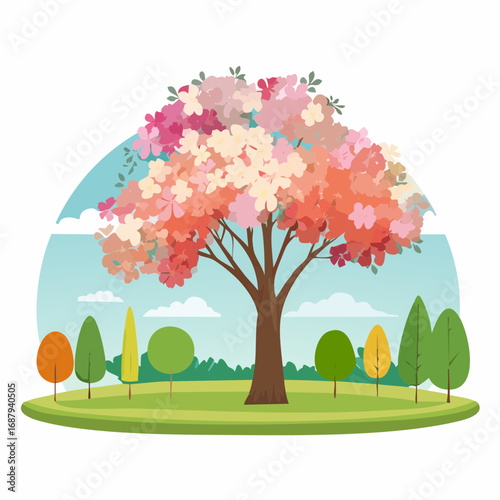 Vector watercolor blooming flower tree or forest side view isolated on white background for landscape and architecture drawing,elements for environment or and garden,shrub for section ,Set of floral