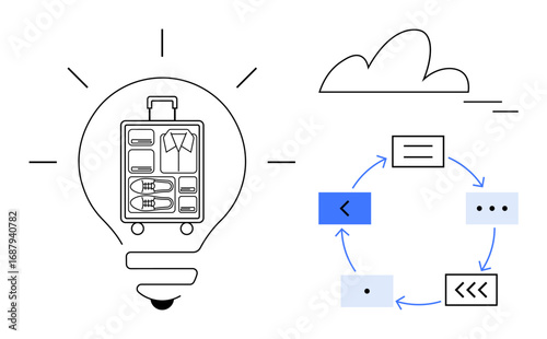 Lightbulb with organized suitcase inside, cloud, and circular workflow diagram with arrows. Ideal for travel, organization, workflow, creativity, innovation planning productivity. Simple flat