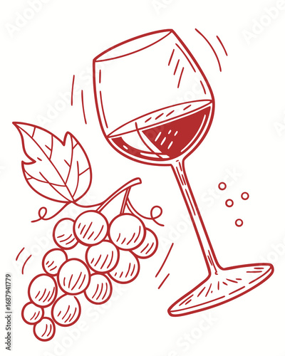 Artistic Wine and Grapes Illustration: An elegant illustration showcases a glass of rich red wine, accompanied by a cluster of fresh grapes, creating a visual celebration of flavors and artistry.
