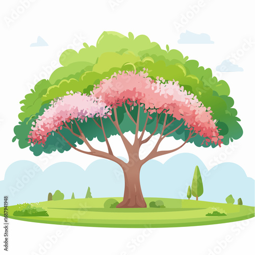 Vector watercolor blooming flower tree side view isolated on white background for landscape and architecture drawing, elements for environment or and garden,Sakura trees for .