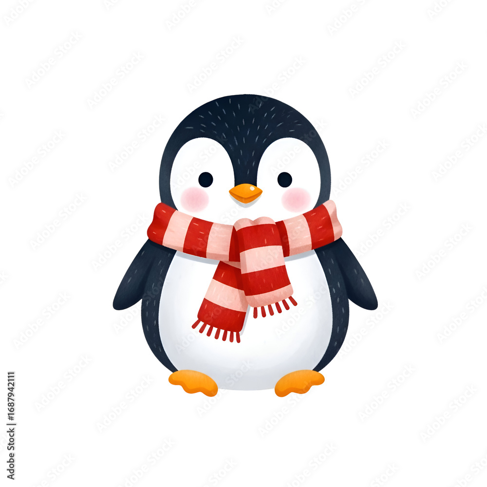 Fototapeta premium Adorable Penguin Wearing Scarf, Transparent Background, Winter Animal Illustration, Cute Graphic Resource for Designs.