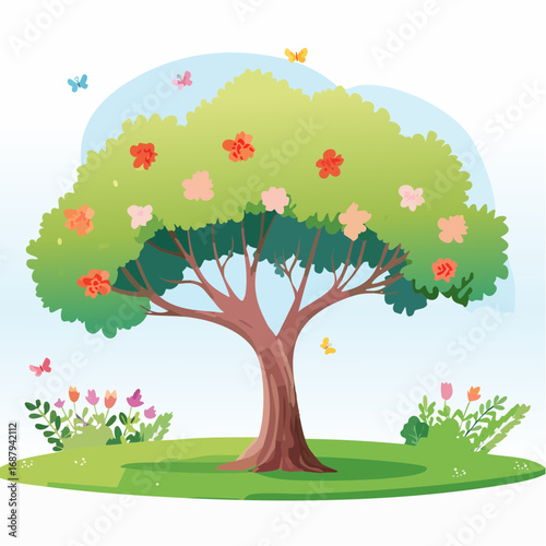 Vector watercolor blooming flower tree side view isolated on white background for landscape and architecture drawing, elements for environment or and garden,Sakura trees for .