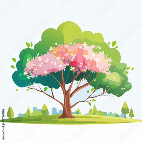 Vector watercolor blooming flower tree side view isolated on white background for landscape and architecture drawing, elements for environment or and garden,Sakura trees for .