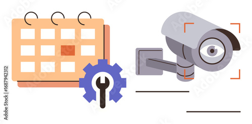 Surveillance camera with gear overlay, calendar showing scheduled tasks. Ideal for security, maintenance, scheduling, planning, monitoring, management organization. A simple flat metaphor