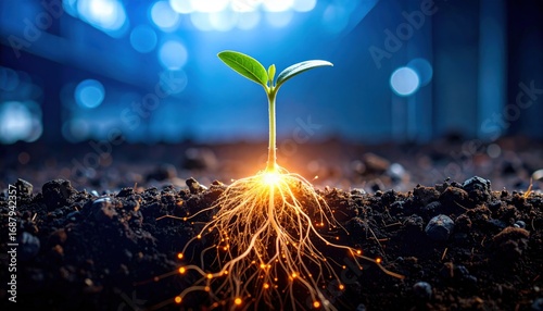 Sprout emerging from soil with glowing roots