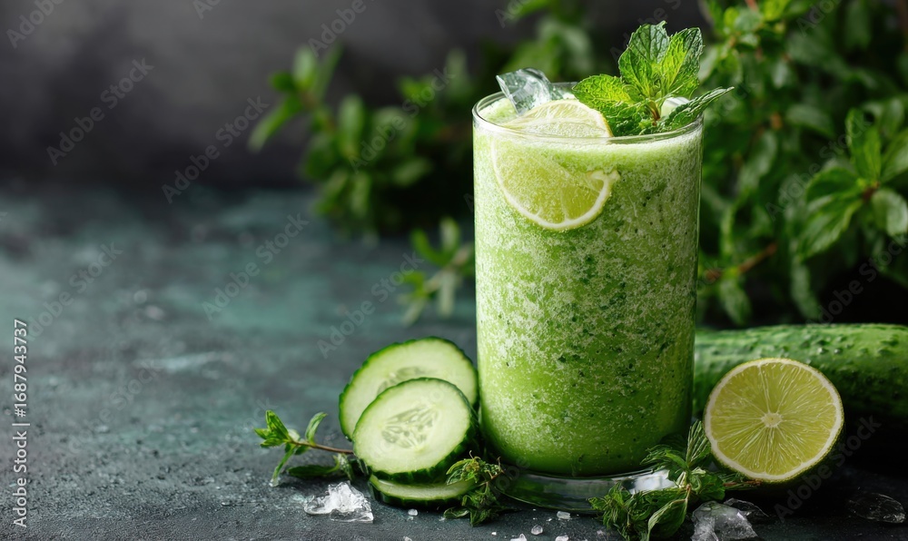 Fototapeta premium Vibrant green smoothie with cucumber and lime