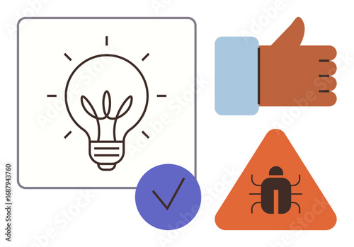 Light bulb for ideas, thumb up for approval, bug warning in triangle, checkmark for validation. Ideal for creativity, innovation, quality assurance, software testing, feedback brainstorming