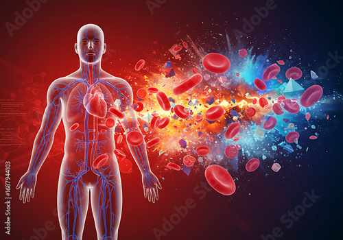 Human anatomy illustration showing blood cells exploding from the circulatory system.