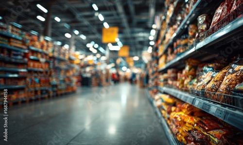 Wallpaper Mural Blurry interior view of a supermarket with stacked shelves filled with various packaged goods Torontodigital.ca