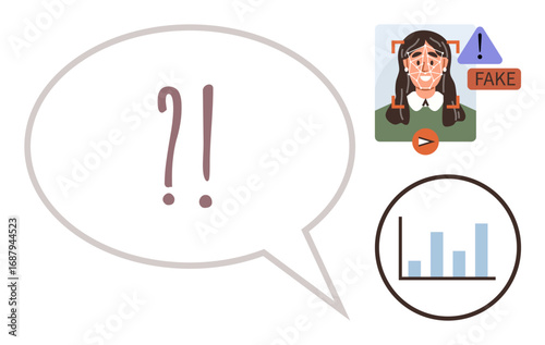 Speech bubble with punctuation, warning icons for fake media, bar chart showcasing analysis. Ideal for misinformation, fake news awareness, AI ethics, technology analysis, data representation
