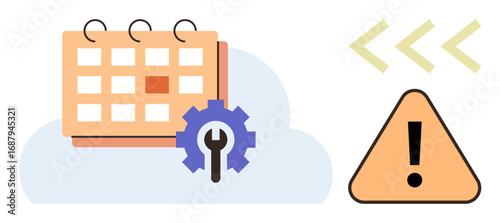 Calendar with gear and wrench icon beside a warning sign, suggesting maintenance, task scheduling, or troubleshooting. Ideal for planning, deadlines, alerts, problem-solving, updates reminders