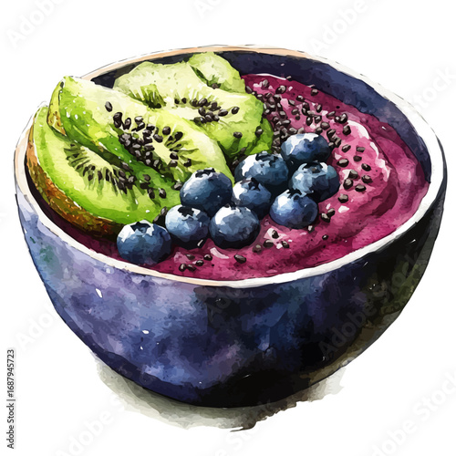 Acai Bowl, watercolor clipart vector, isolated on a white background.