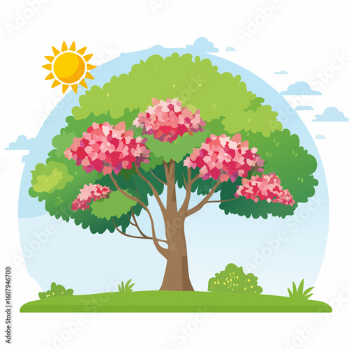 Vector watercolor blooming flower tree side view isolated on white background for landscape and architecture drawing, elements for environment or and garden,Sakura trees for .