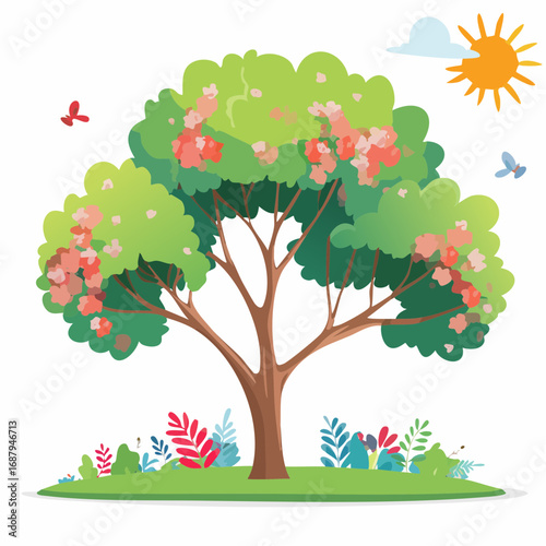 Vector watercolor blooming flower tree side view isolated on white background for landscape and architecture drawing, elements for environment or and garden,Sakura trees for .