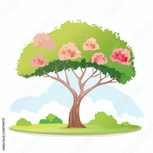 Vector watercolor blooming flower tree side view isolated on white background for landscape and architecture drawing, elements for environment or and garden,Sakura trees for .