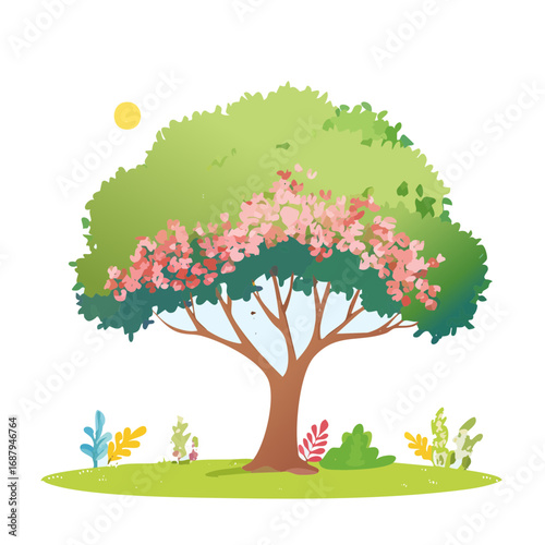 Vector watercolor blooming flower tree side view isolated on white background for landscape and architecture drawing, elements for environment or and garden,Sakura trees for .