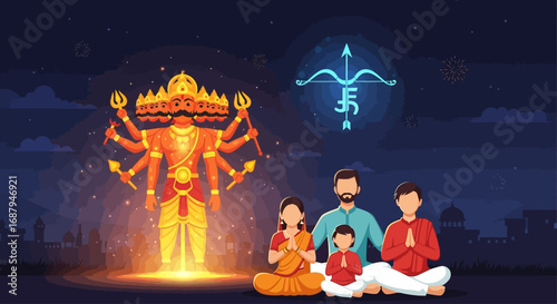 A family is praying during Dussehra, featuring Ravana with ten heads and a bow and arrow symbol in the background.