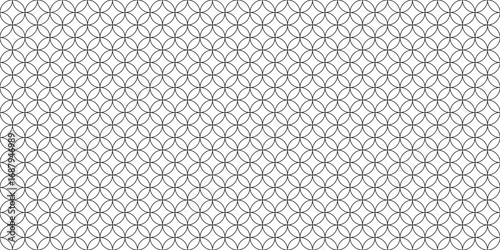 Geometric circle pattern seamless vector illustration. Repeating overlapping circular shapes forming flower-like lattice design. Black line art for wallpaper, textile, and background decoration.