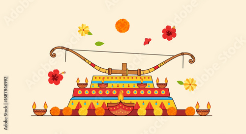 Illustration of a decorated altar with a bow and arrow, surrounded by flowers, oranges, and lit diyas, likely for a Hindu festival.