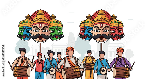 An illustration of Indian men in traditional attire playing drums in a procession carrying effigies of the ten-headed demon king Ravana for the Dussehra festival.