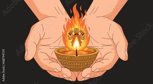 Two cupped hands gently hold a lit oil lamp with a fiery, anthropomorphic figure emerging from the flame, symbolizing spiritual illumination and divine presence.
