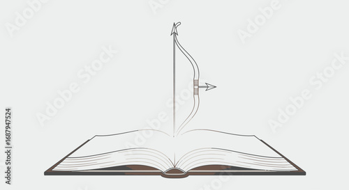 Ancient bow piercing open pages of a book, symbolizing knowledge and power.