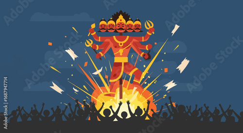 A vibrant illustration depicts the fiery effigy of Ravana, a multi-headed demon king, exploding amidst a jubilant crowd celebrating a festival with fireworks and confetti.