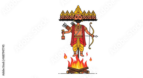 Illustration of the demon king Ravana with ten heads, holding a bow and arrow, standing atop a burning pyre during a cultural festival.