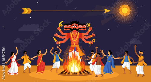 A vibrant illustration depicts a joyous celebration around a large bonfire, with people dancing and an effigy of a multi-headed demon looming overhead, symbo...